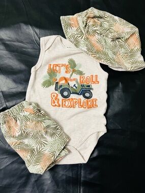 3 Piece Safari Tank Top/Shorts/ Bucket Hat Matching Set Size 0-3M (Boys)